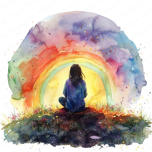 Girl Sitting on Hill Watching Rainbow fussy cut sheet in US Letter format showing all 12 designs on one printable page
