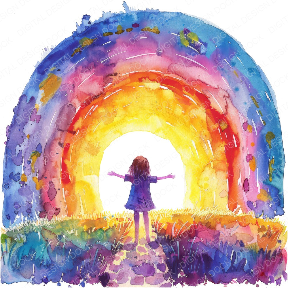 Girl Standing Under Rainbow fussy cut sheet in A4 format showing all 12 designs on one printable page