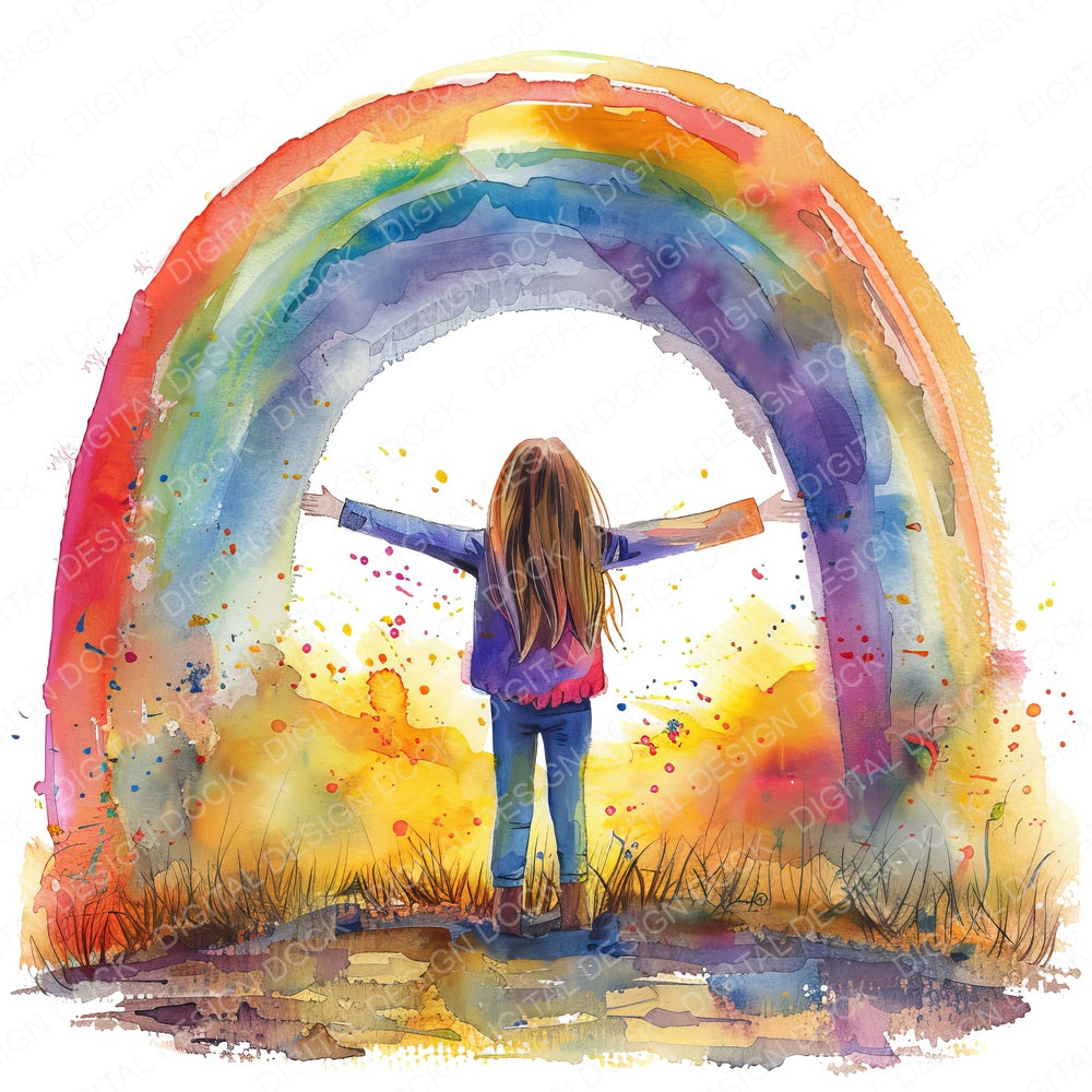 Girl Standing Under Rainbow fussy cut sheet in US Letter format showing all 12 designs on one printable page