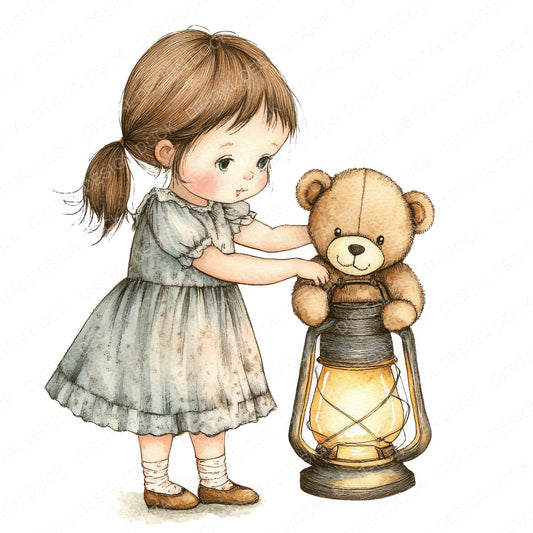 Girl with Lantern and Teddy fussy cut sheet in A4 format showing all 12 designs on one printable page