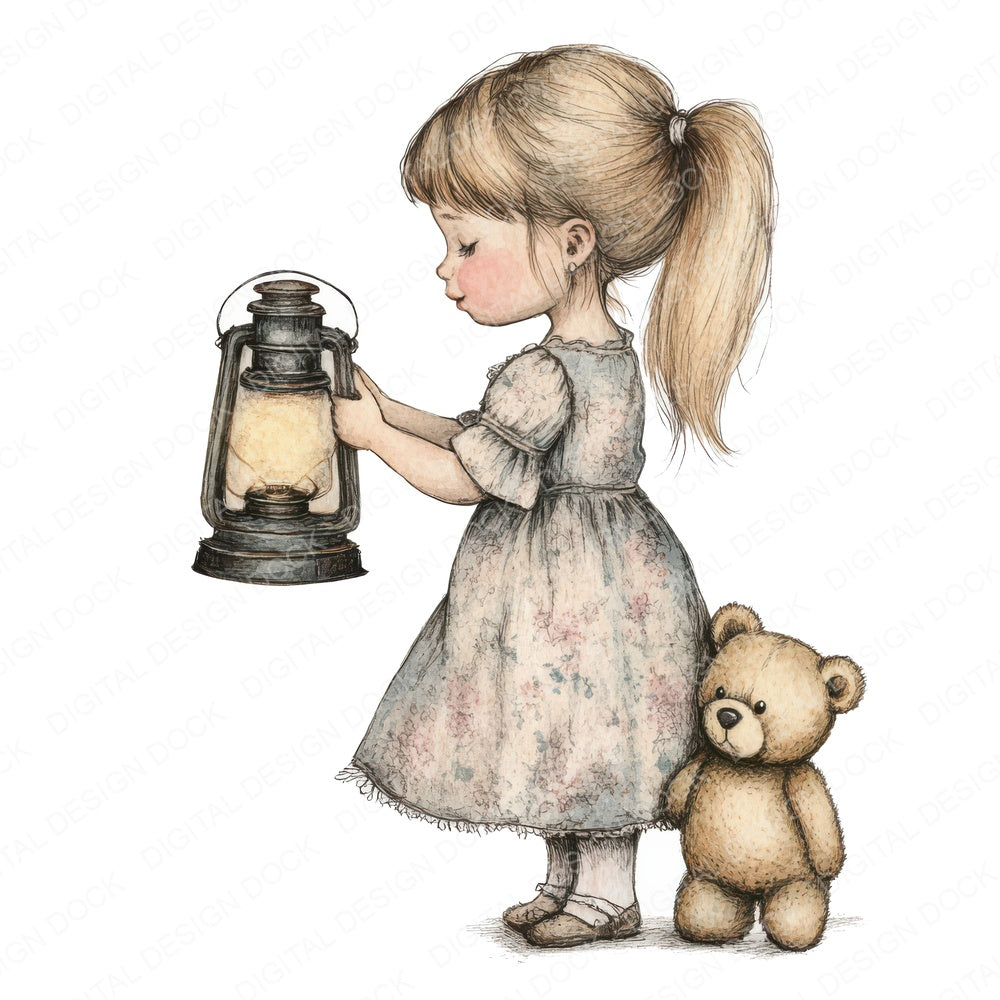 Girl with Lantern and Teddy fussy cut sheet in US Letter format showing all 12 designs on one printable page