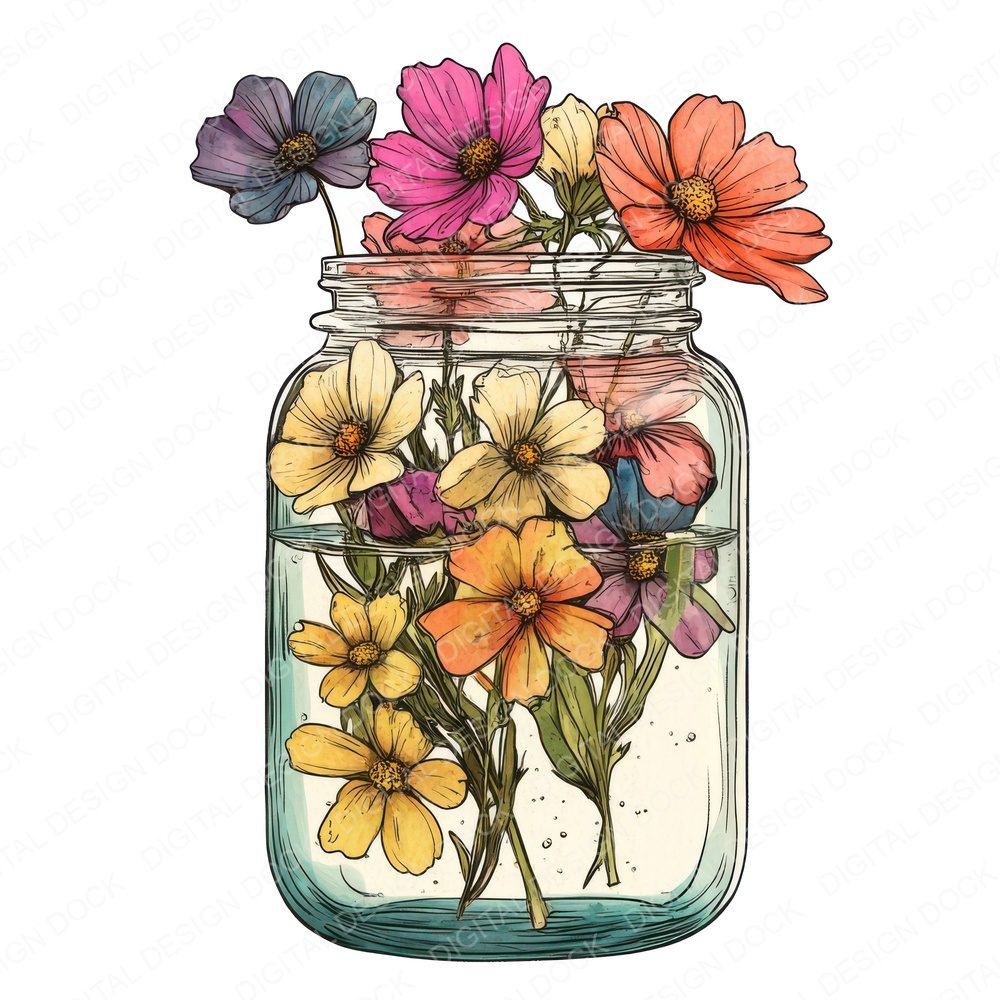 Glass Jar with Garden Flowers Clipart Set (DDD005714)