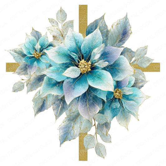 Gold Cross with Winter Poinsettias fussy cut sheet in A4 format showing all 12 designs on one printable page