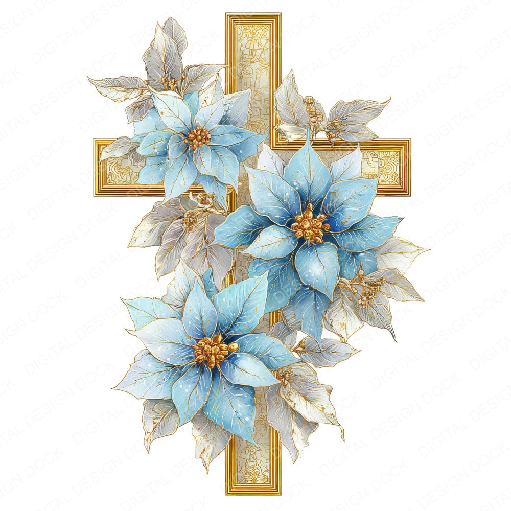 Gold Cross with Winter Poinsettias fussy cut sheet in US Letter format showing all 12 designs on one printable page