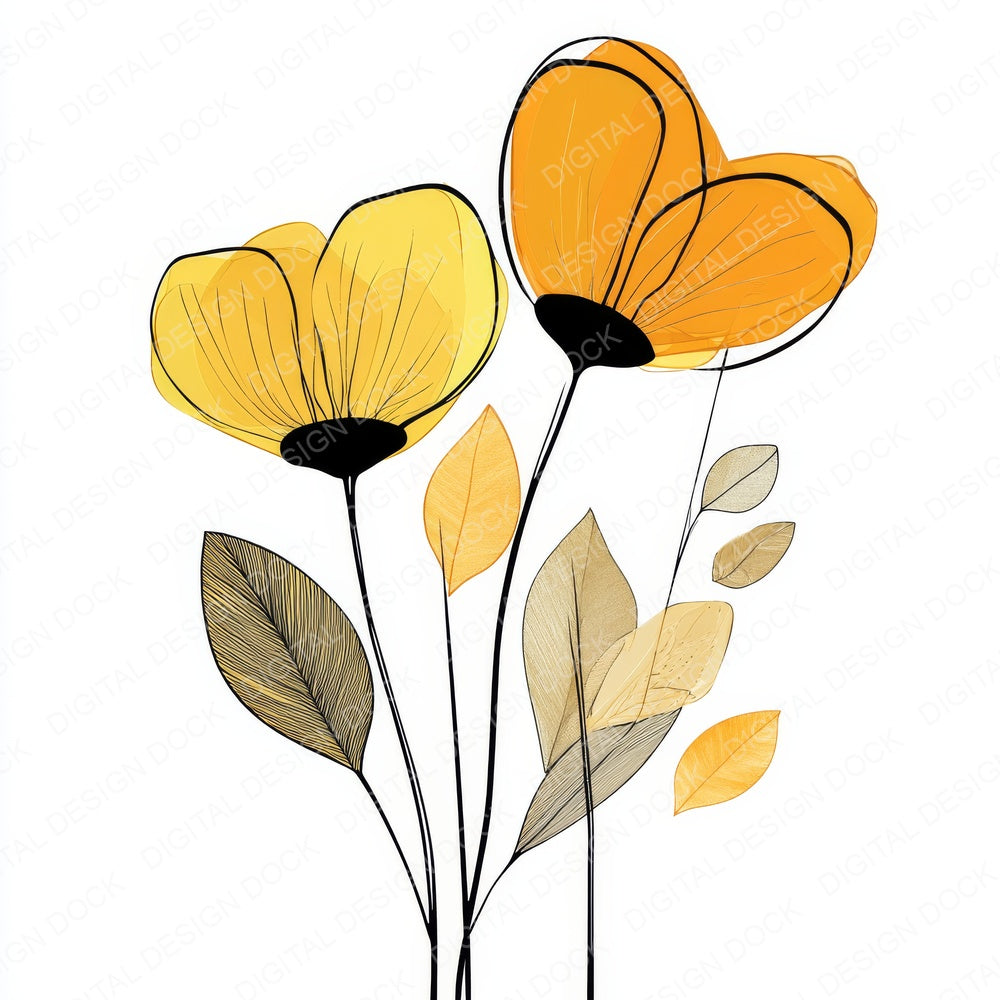Golden Yellow Abstract Flowers fussy cut sheet in A4 format showing all 12 designs on one printable page