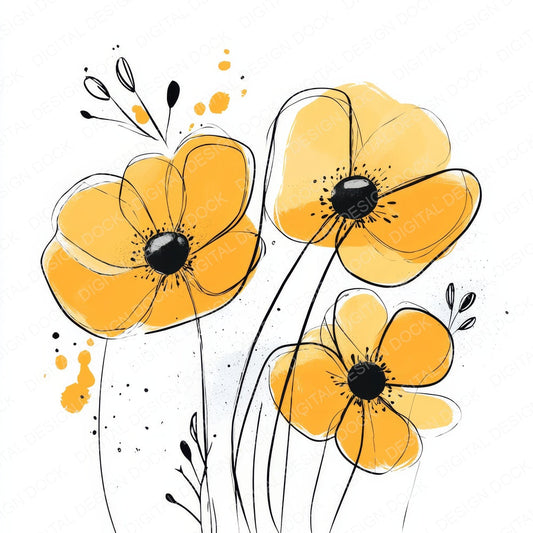 Goldenrod Yellow Abstract Flowers fussy cut sheet in A4 format showing all 12 designs on one printable page