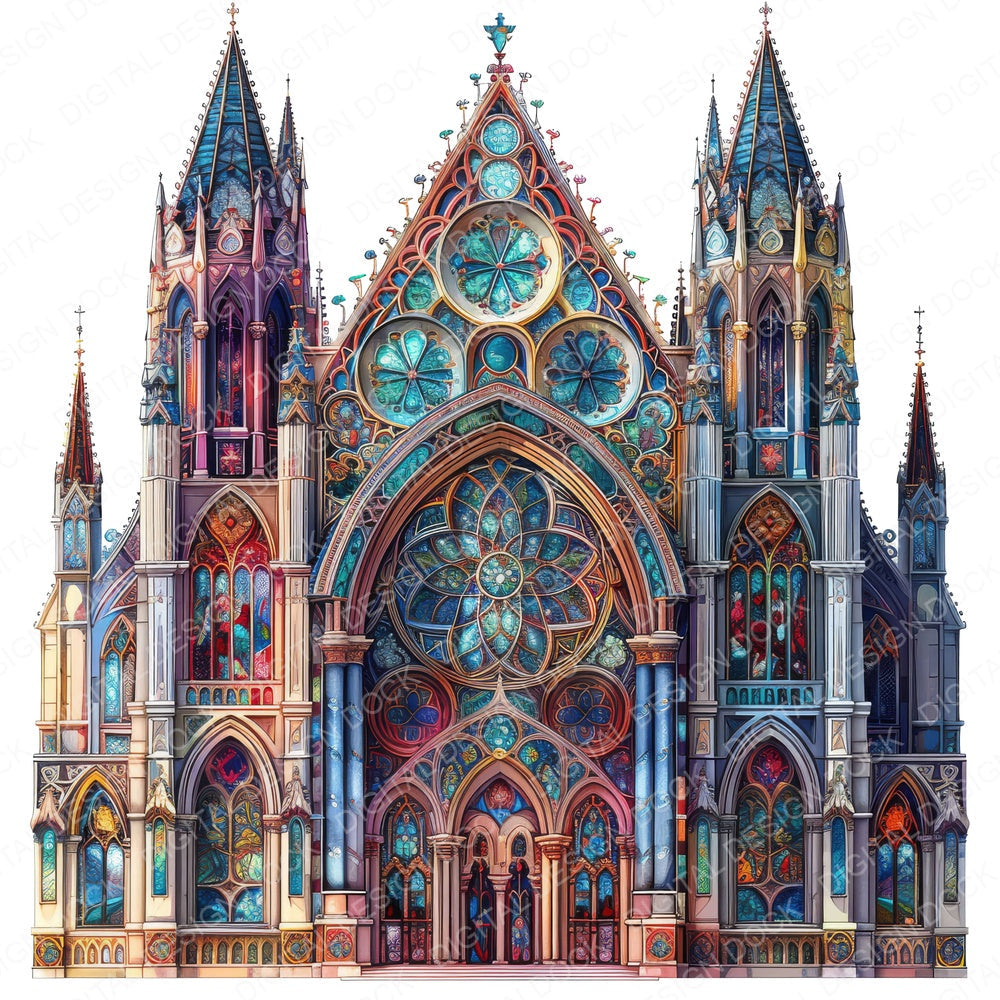 Gothic Cathedral Stained Glass fussy cut sheet in US Letter format showing all 12 designs on one printable page