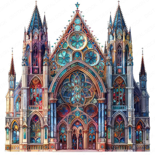 Gothic Cathedral Stained Glass fussy cut sheet in US Letter format showing all 12 designs on one printable page