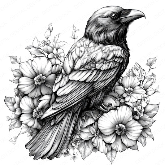 Gothic Raven Drawing fussy cut sheet in A4 format showing all 12 designs on one printable page