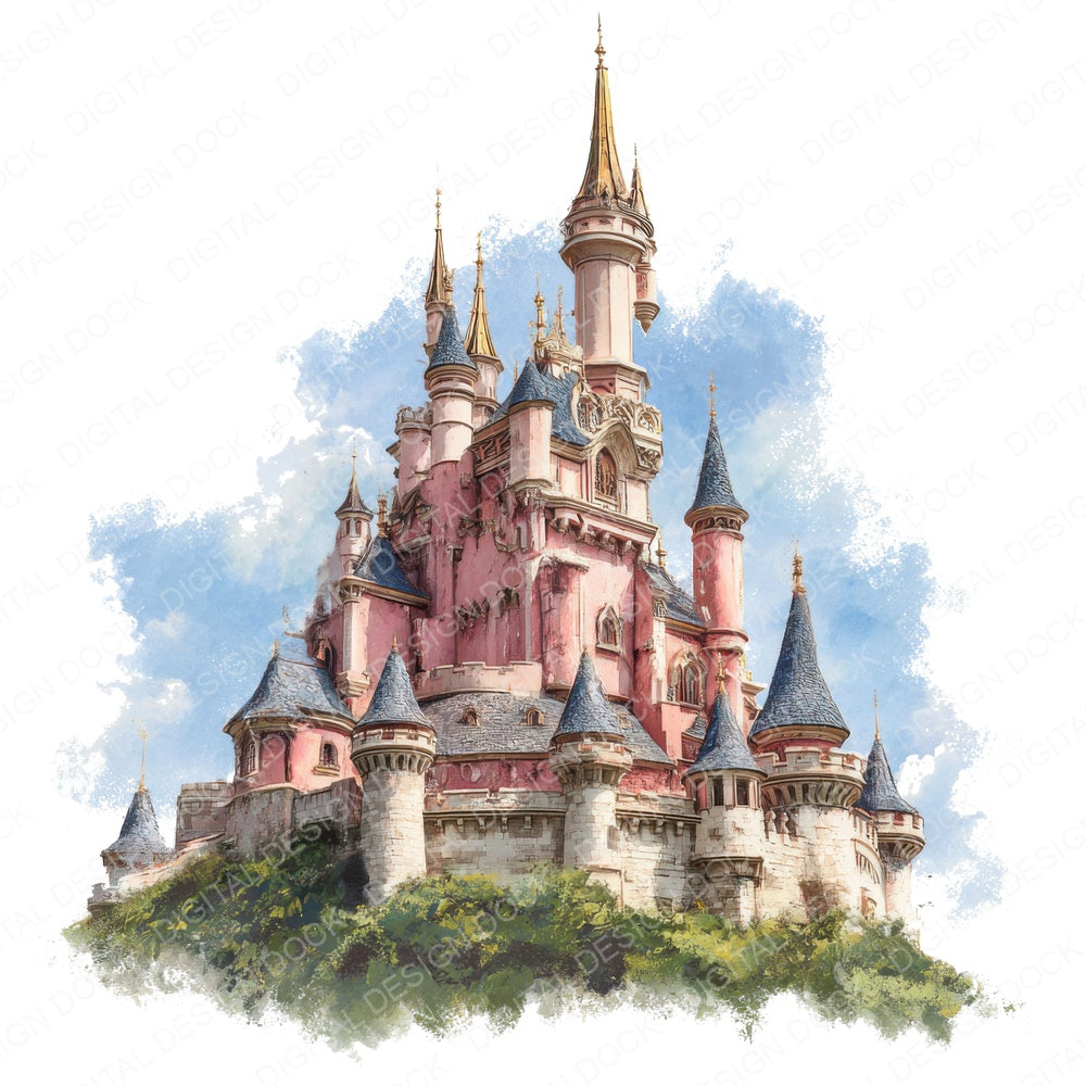 Grand Pink Castle fussy cut sheet in A4 format showing all 12 designs on one printable page