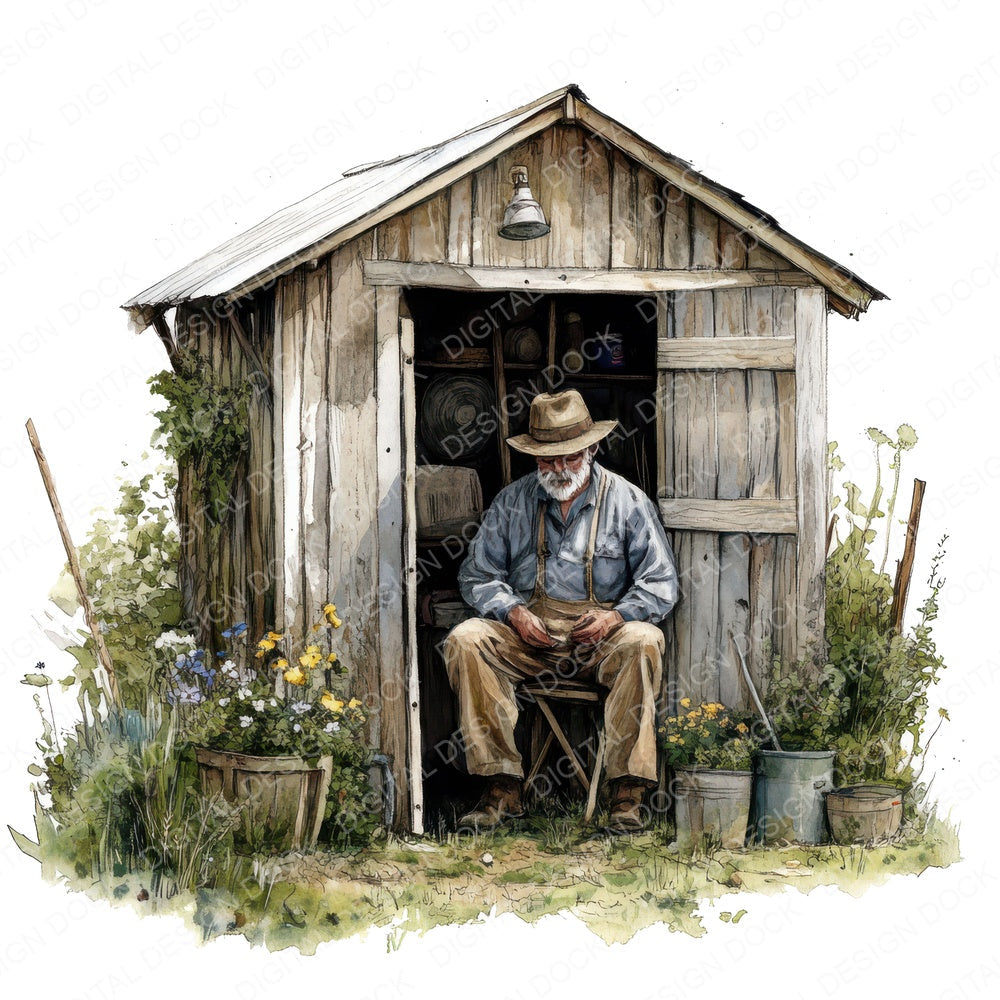 Grandad in Garden Shed fussy cut sheet in US Letter format showing all 12 designs on one printable page