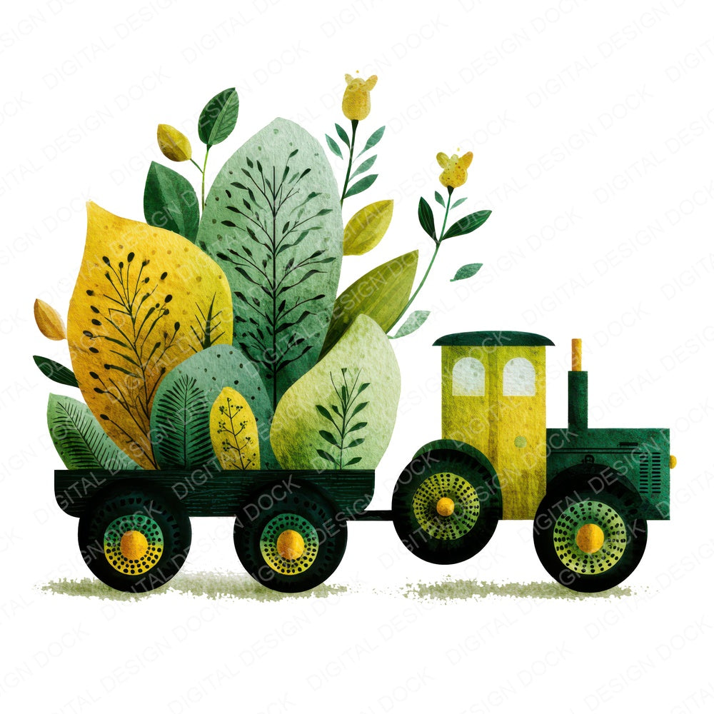 Green Folk Art Tractor fussy cut sheet in A4 format showing all 12 designs on one printable page
