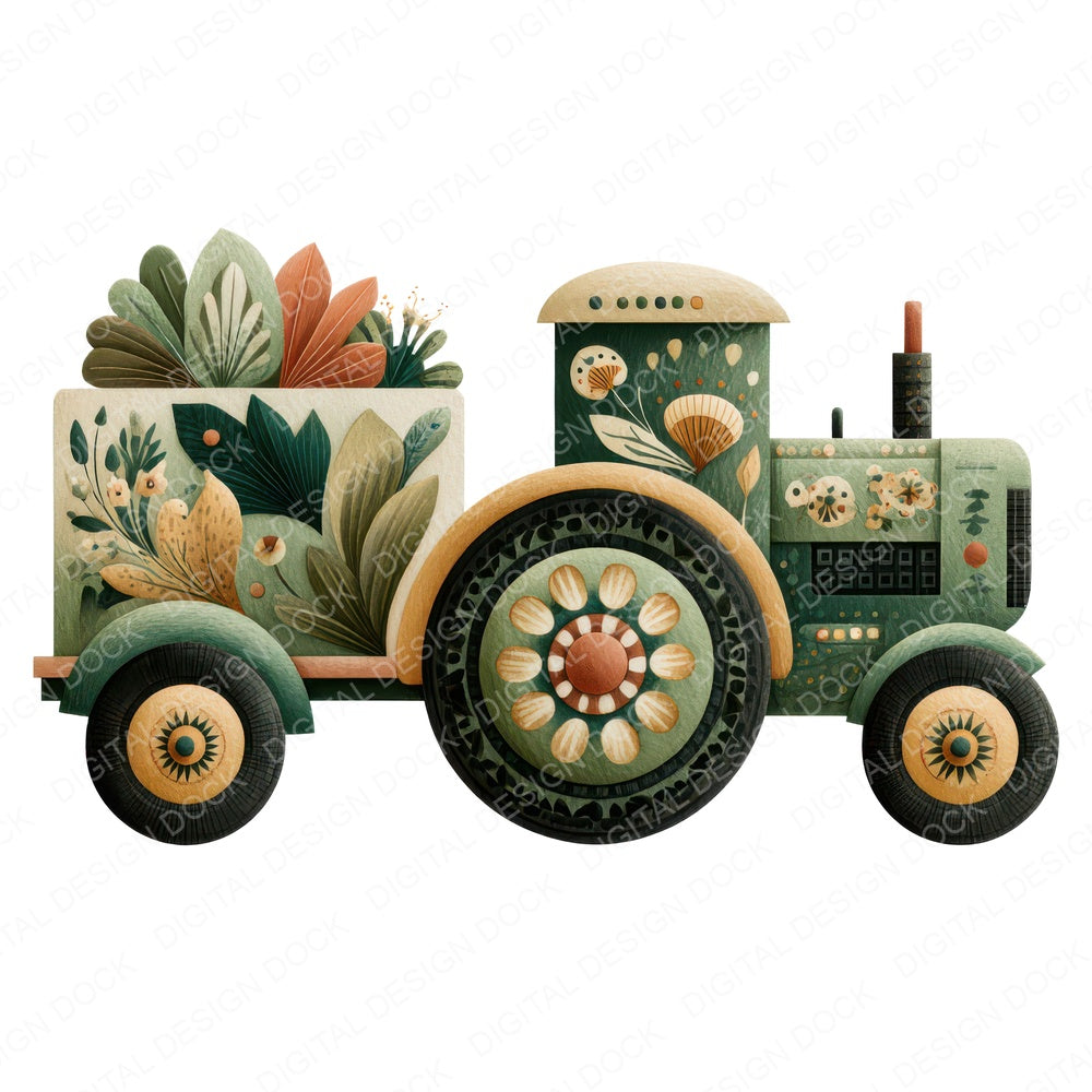 Green Folk Art Tractor fussy cut sheet in US Letter format showing all 12 designs on one printable page