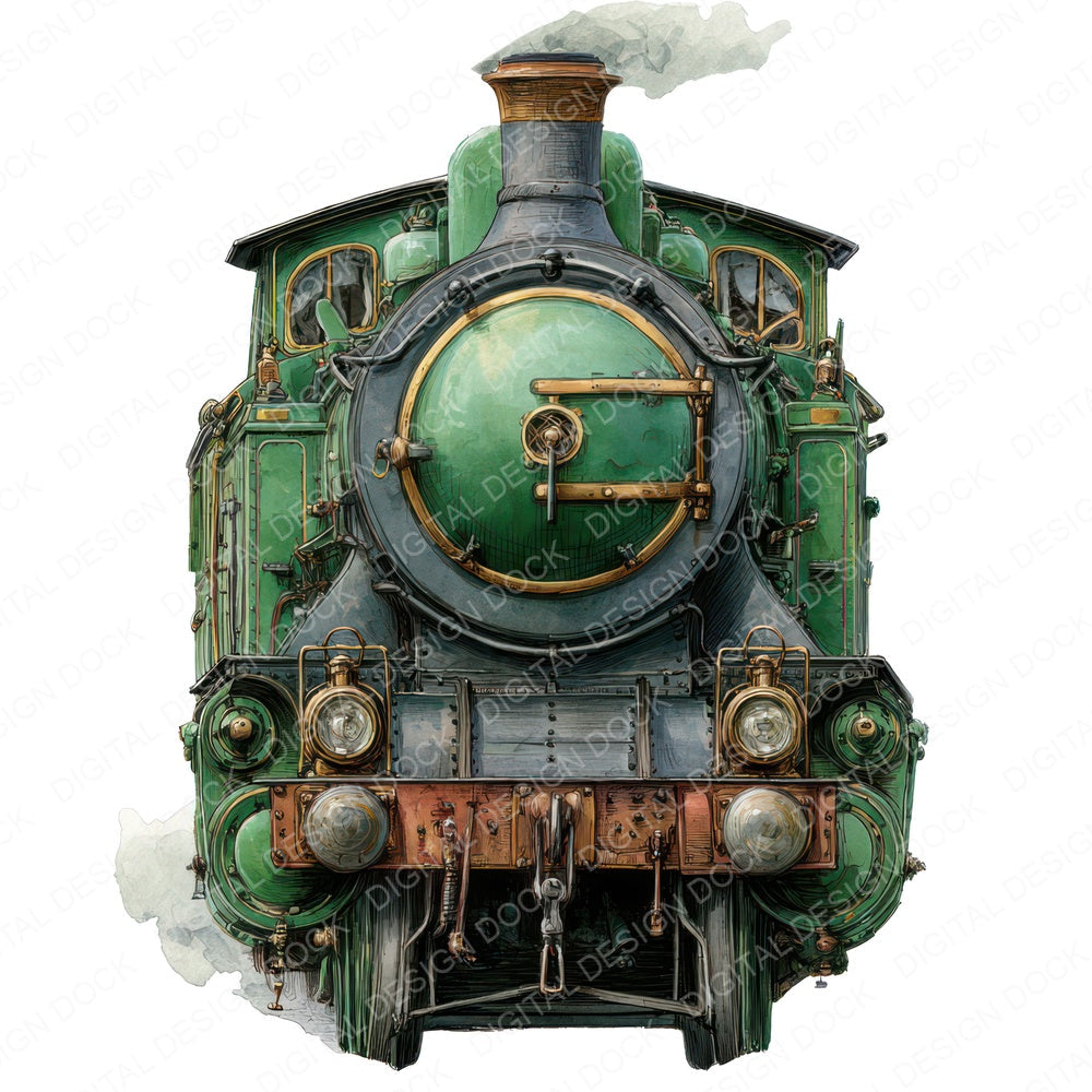 Green Steam Train fussy cut sheet in A4 format showing all 12 designs on one printable page