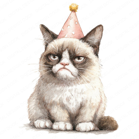 Grumpy Cat in Party Hat fussy cut sheet in A4 format showing all 12 designs on one printable page