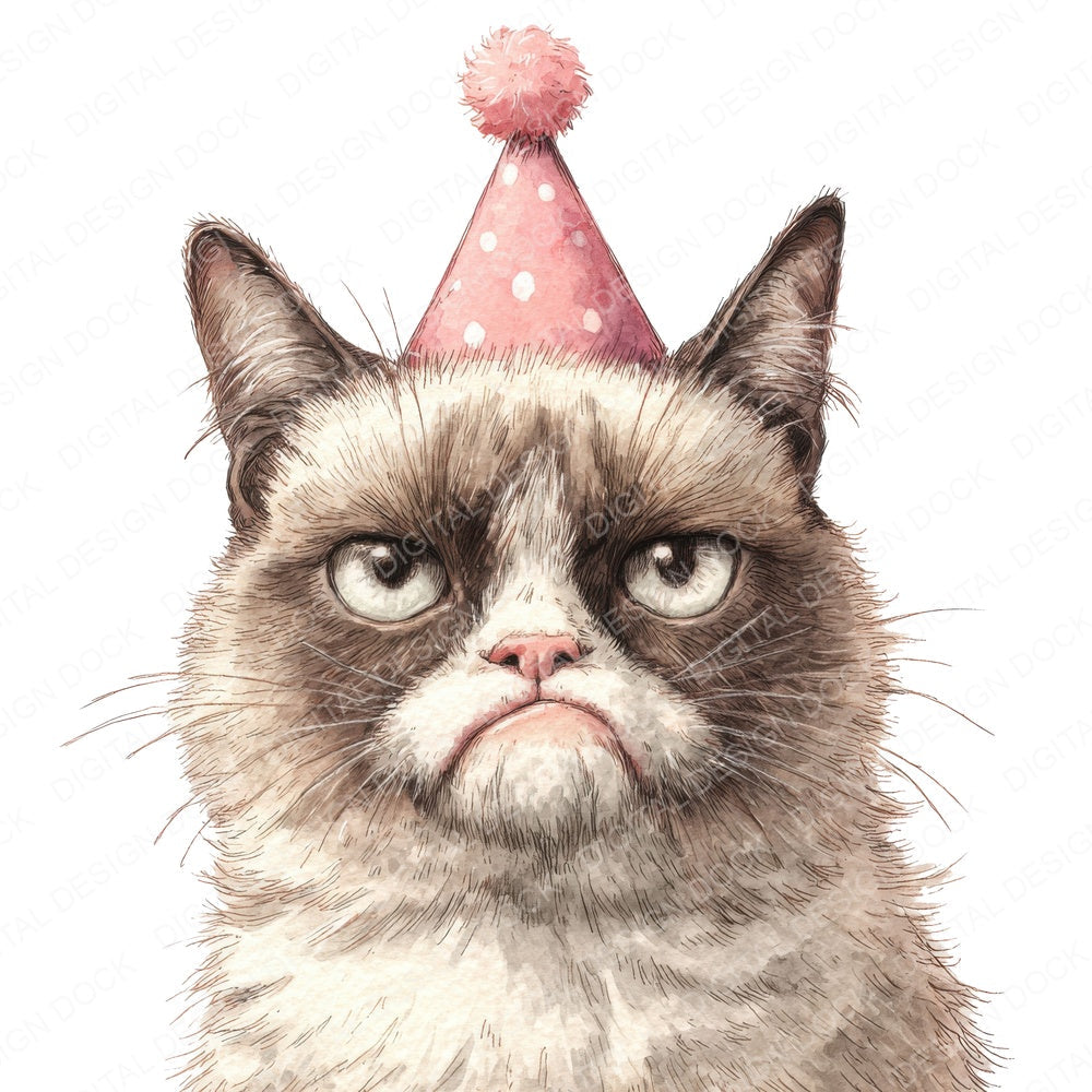 Grumpy Cat in Party Hat fussy cut sheet in US Letter format showing all 12 designs on one printable page
