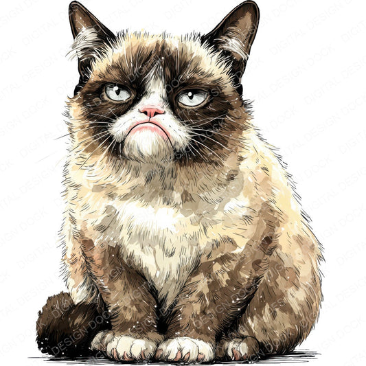 Grumpy Watercolour Cat fussy cut sheet in A4 format showing all 12 designs on one printable page