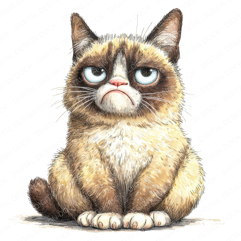 Grumpy Watercolour Cat fussy cut sheet in US Letter format showing all 12 designs on one printable page