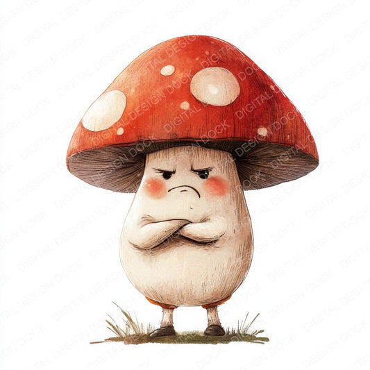 Grumpy Watercolour Mushroom fussy cut sheet in A4 format showing all 12 designs on one printable page
