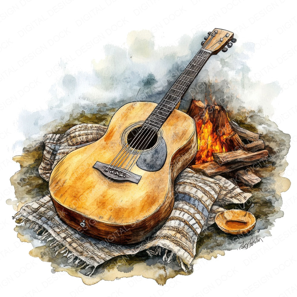 Guitar by the Fire fussy cut sheet in A4 format showing all 12 designs on one printable page