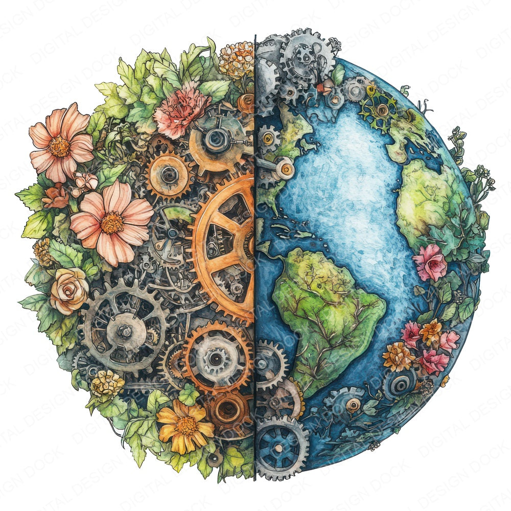 Half Floral Half Gear Earth fussy cut sheet in A4 format showing all 12 designs on one printable page