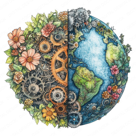 Half Floral Half Gear Earth fussy cut sheet in A4 format showing all 12 designs on one printable page