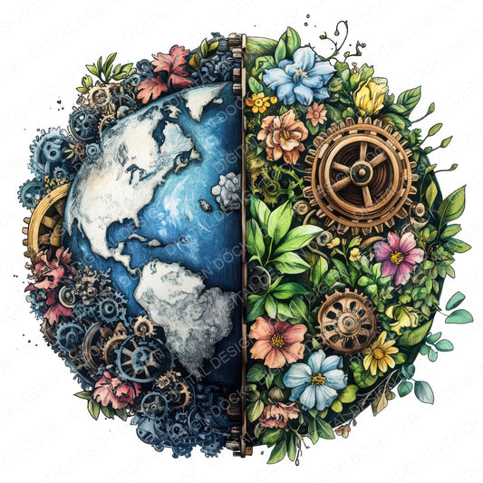 Half Floral Half Gear Earth fussy cut sheet in US Letter format showing all 12 designs on one printable page
