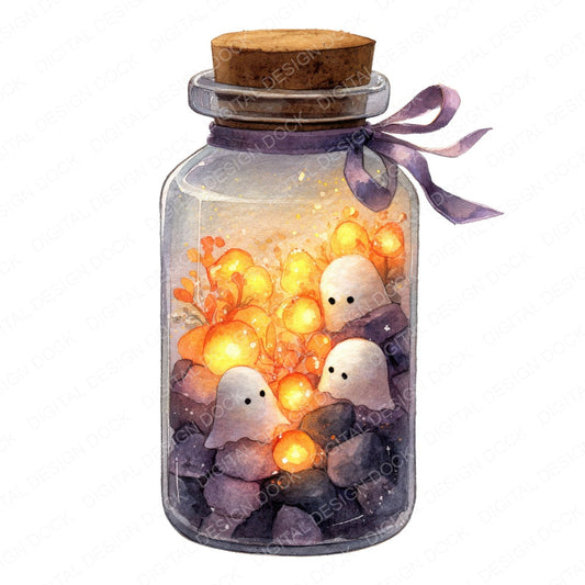 Halloween Jar with Ghost Lights fussy cut sheet in A4 format showing all 12 designs on one printable page