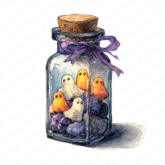 Halloween Jar with Ghost Lights fussy cut sheet in US Letter format showing all 12 designs on one printable page