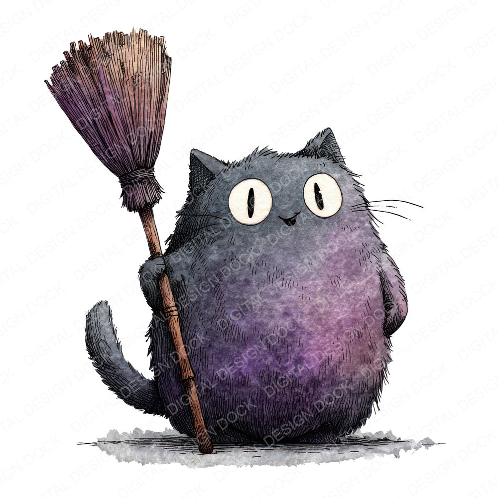 Halloween Watercolour Cat Broom Fussy Cut Sheets (DDD010149)