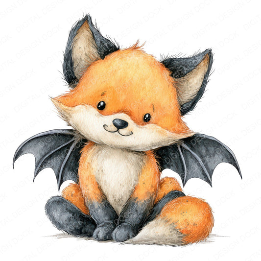 Halloween Watercolour Fox Bat fussy cut sheet in A4 format showing all 12 designs on one printable page