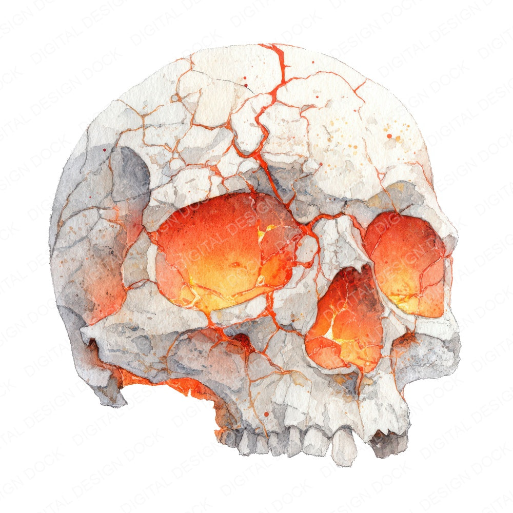 Halloween Watercolour Glowing Skull fussy cut sheet in US Letter format showing all 12 designs on one printable page