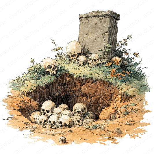 Halloween Watercolour Grave Skulls fussy cut sheet in US Letter format showing all 12 designs on one printable page