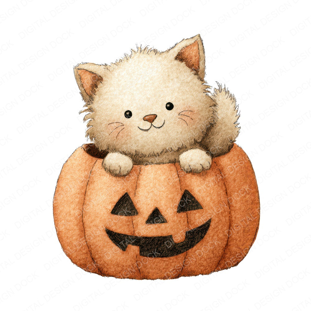 Halloween Watercolour Kitten Pumpkin fussy cut sheet in A4 format showing all 12 designs on one printable page