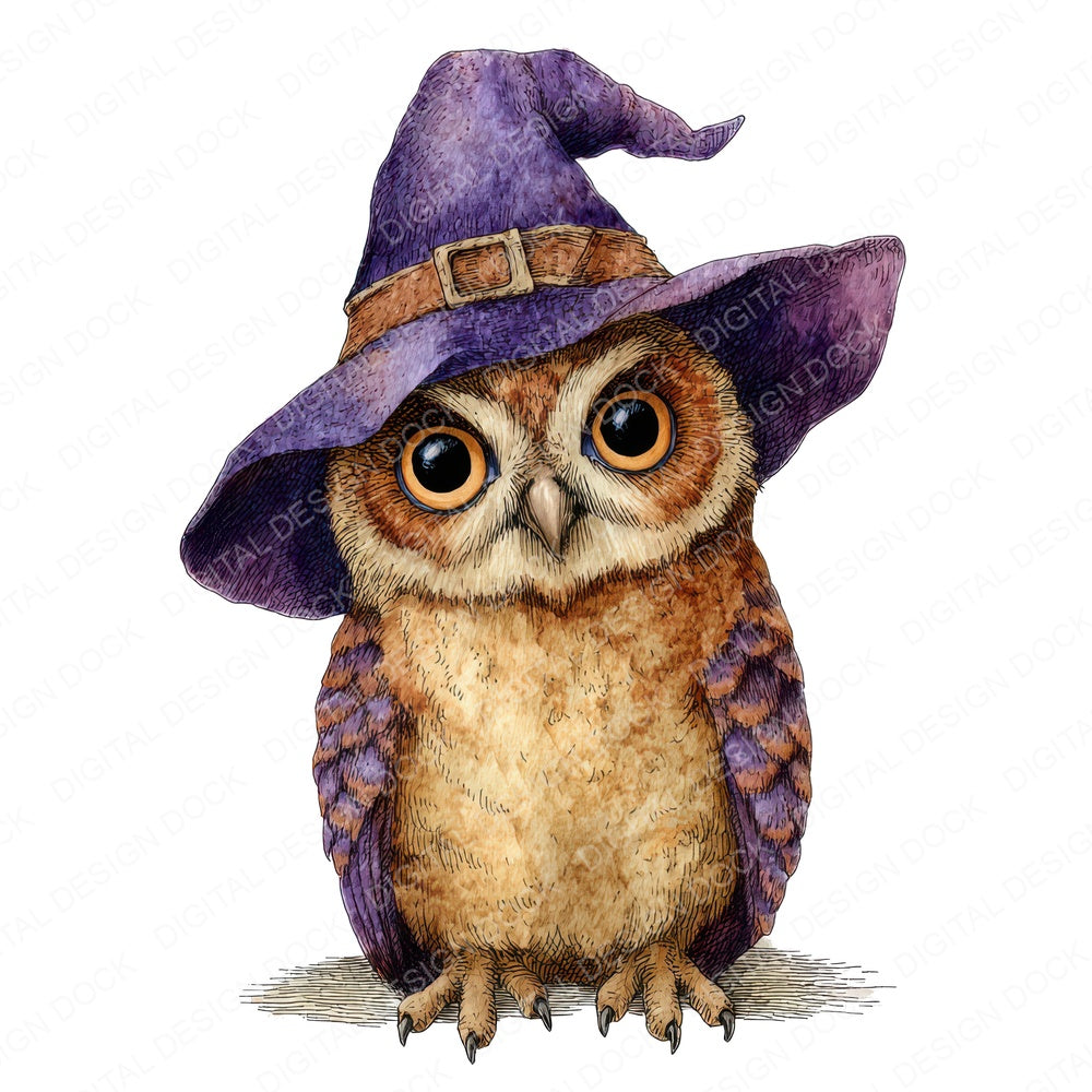 Halloween Watercolour Owl Witch fussy cut sheet in A4 format showing all 12 designs on one printable page