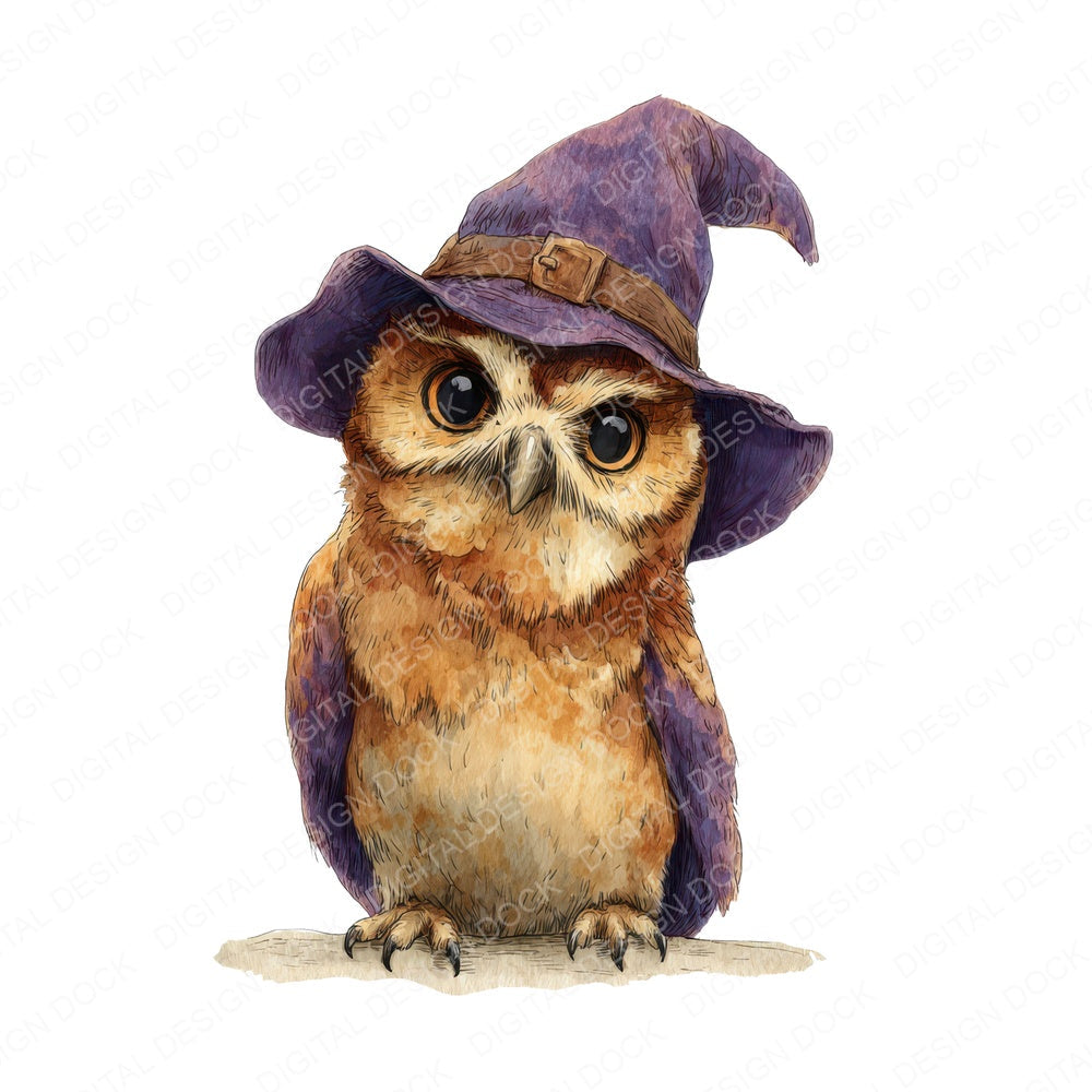 Halloween Watercolour Owl Witch fussy cut sheet in US Letter format showing all 12 designs on one printable page