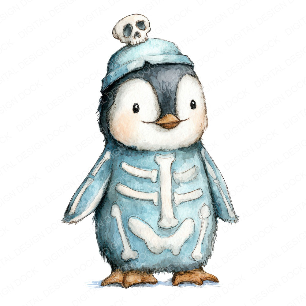 Halloween Watercolour Penguin Skeleton fussy cut sheet in A4 format showing all 12 designs on one printable page