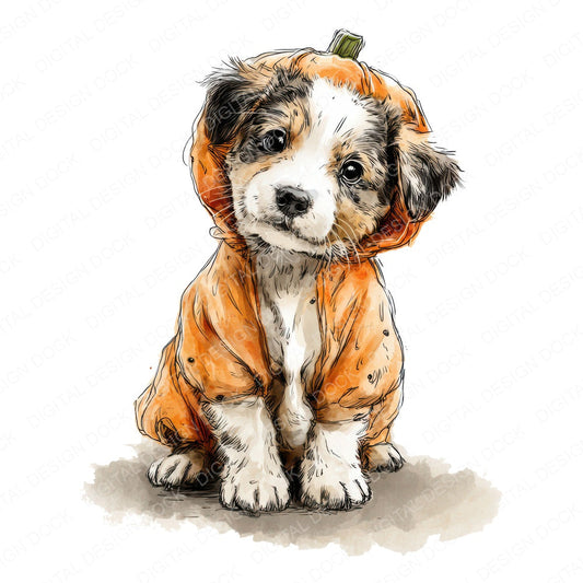 Halloween Watercolour Puppy Pumpkin fussy cut sheet in A4 format showing all 12 designs on one printable page