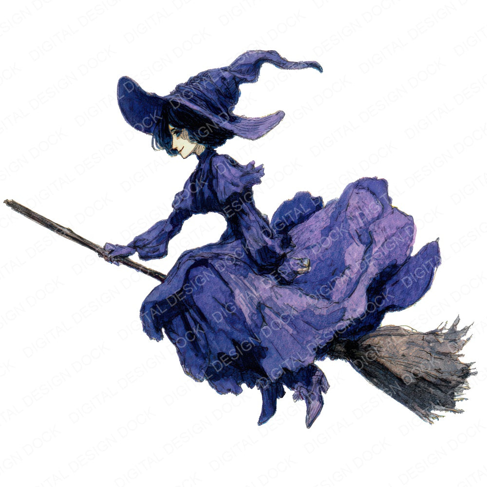 Halloween Watercolour Purple Witch fussy cut sheet in A4 format showing all 12 designs on one printable page
