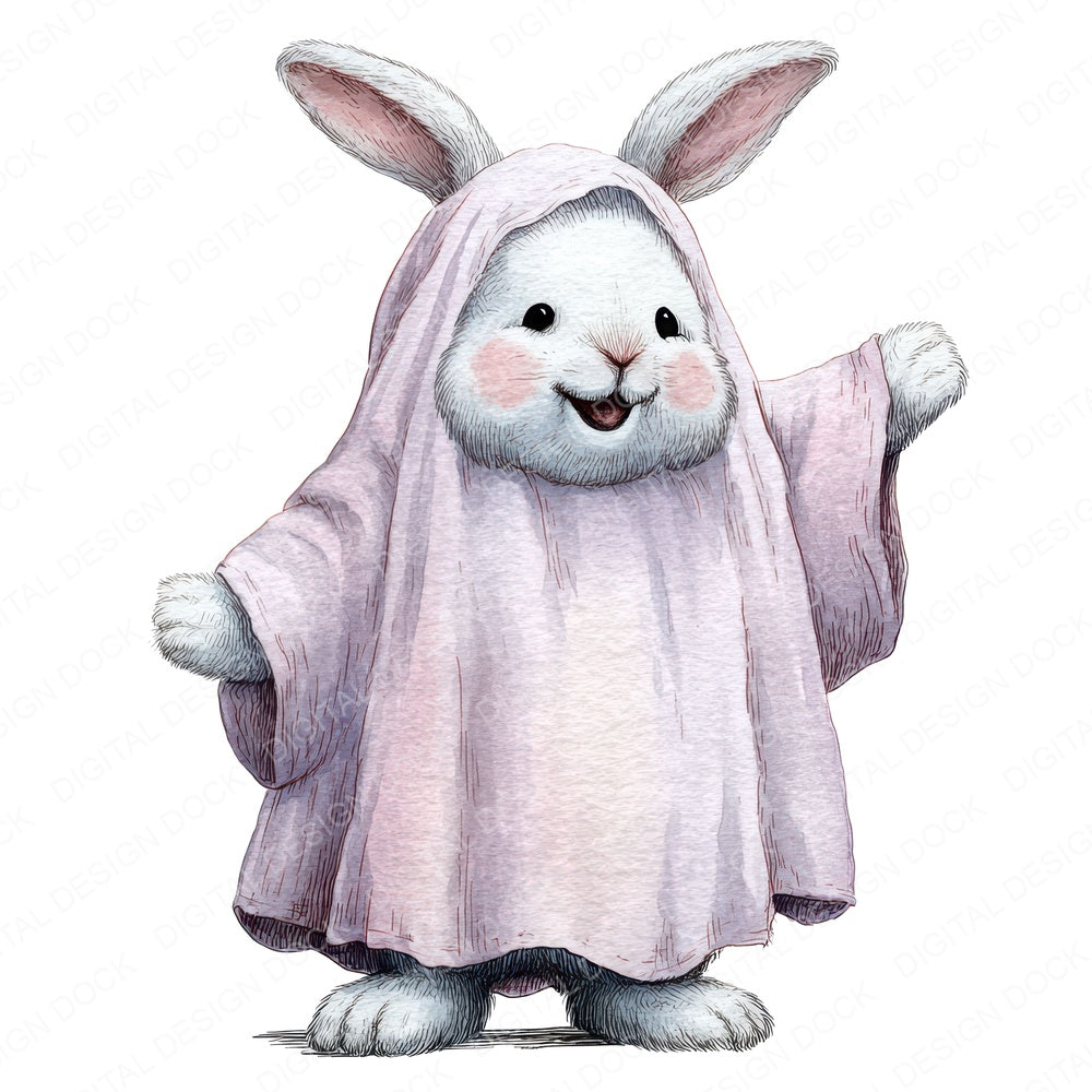 Halloween Watercolour Rabbit Ghost fussy cut sheet in A4 format showing all 12 designs on one printable page