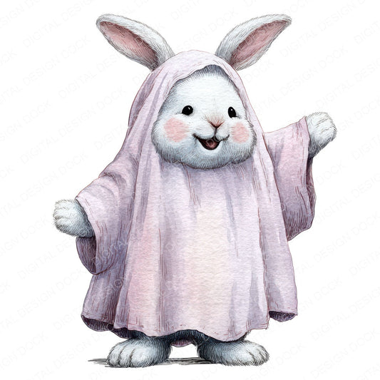 Halloween Watercolour Rabbit Ghost fussy cut sheet in A4 format showing all 12 designs on one printable page