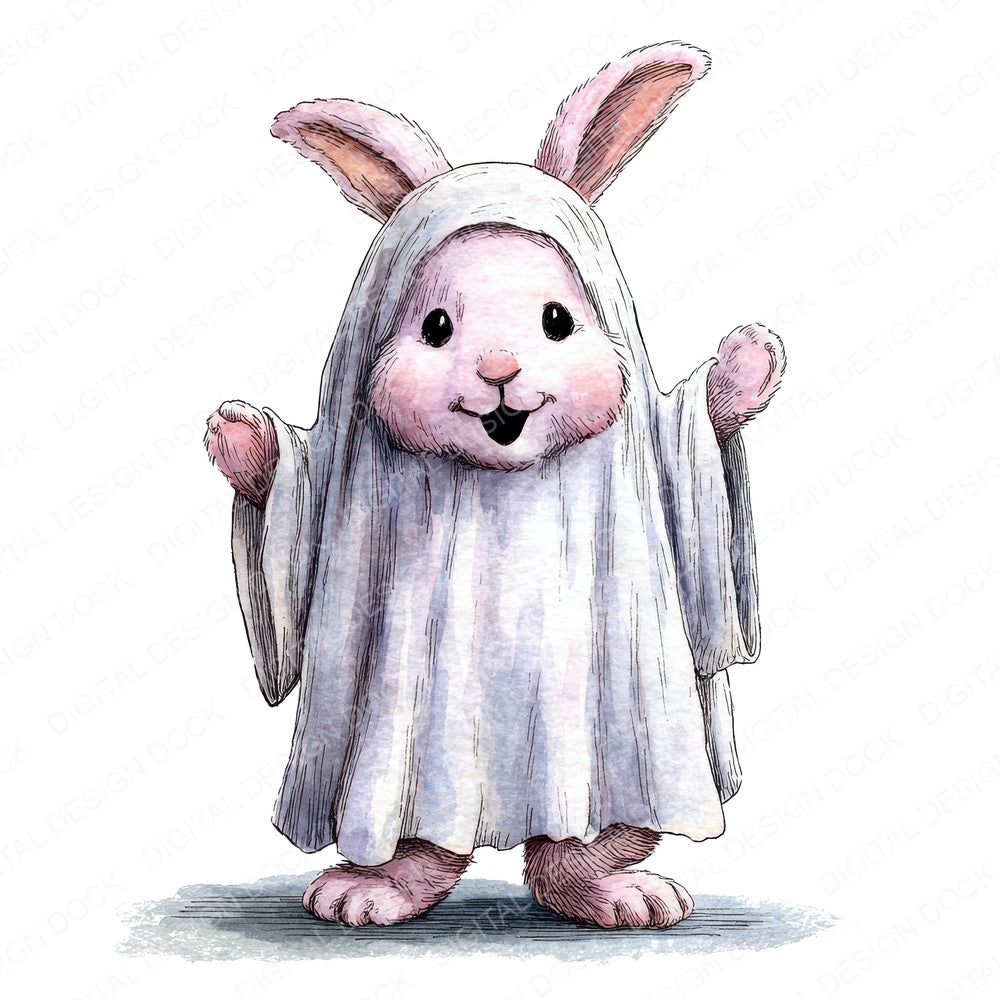Halloween Watercolour Rabbit Ghost fussy cut sheet in US Letter format showing all 12 designs on one printable page
