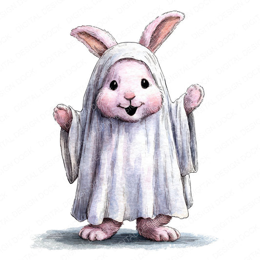 Halloween Watercolour Rabbit Ghost fussy cut sheet in US Letter format showing all 12 designs on one printable page