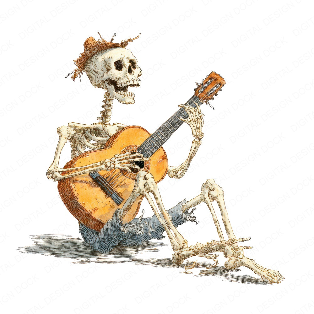 Halloween Watercolour Skeleton Guitar fussy cut sheet in US Letter format showing all 12 designs on one printable page