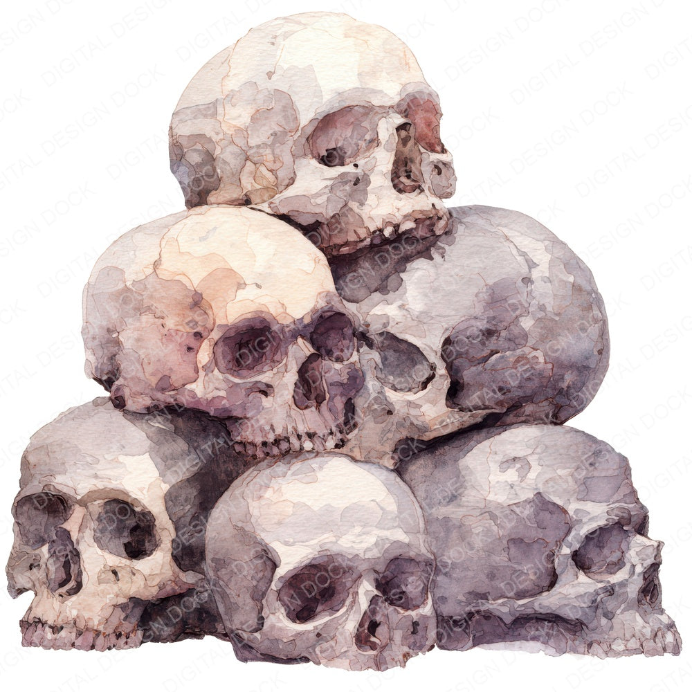 Halloween Watercolour Skull Pile fussy cut sheet in A4 format showing all 12 designs on one printable page