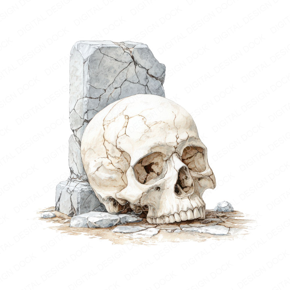 Halloween Watercolour Skull Tombstone fussy cut sheet in US Letter format showing all 12 designs on one printable page