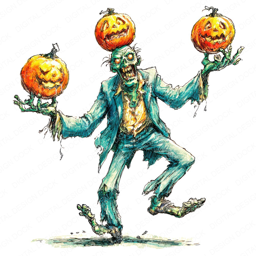 Halloween Watercolour Zombie Juggler fussy cut sheet in A4 format showing all 12 designs on one printable page
