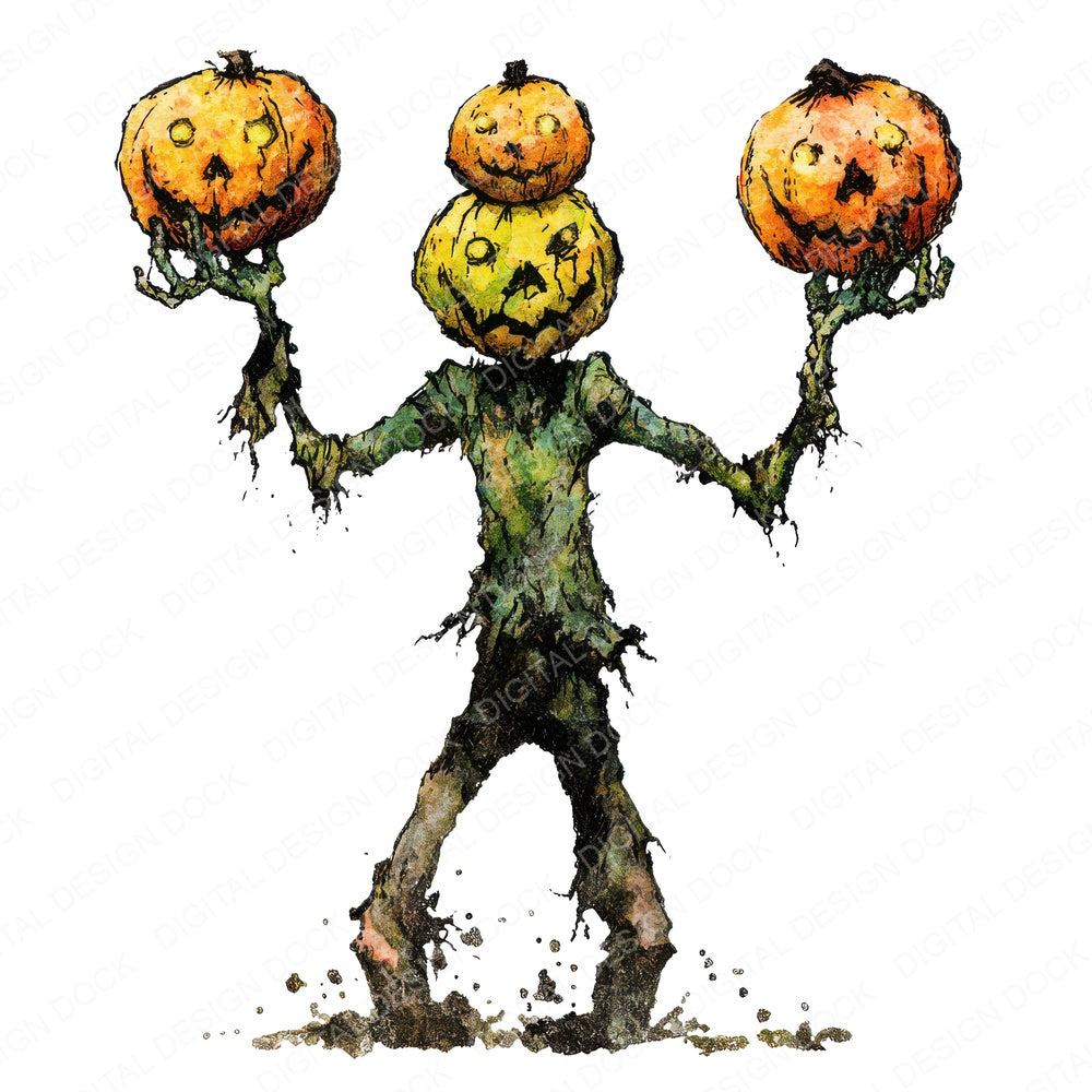 Halloween Watercolour Zombie Juggler fussy cut sheet in US Letter format showing all 12 designs on one printable page
