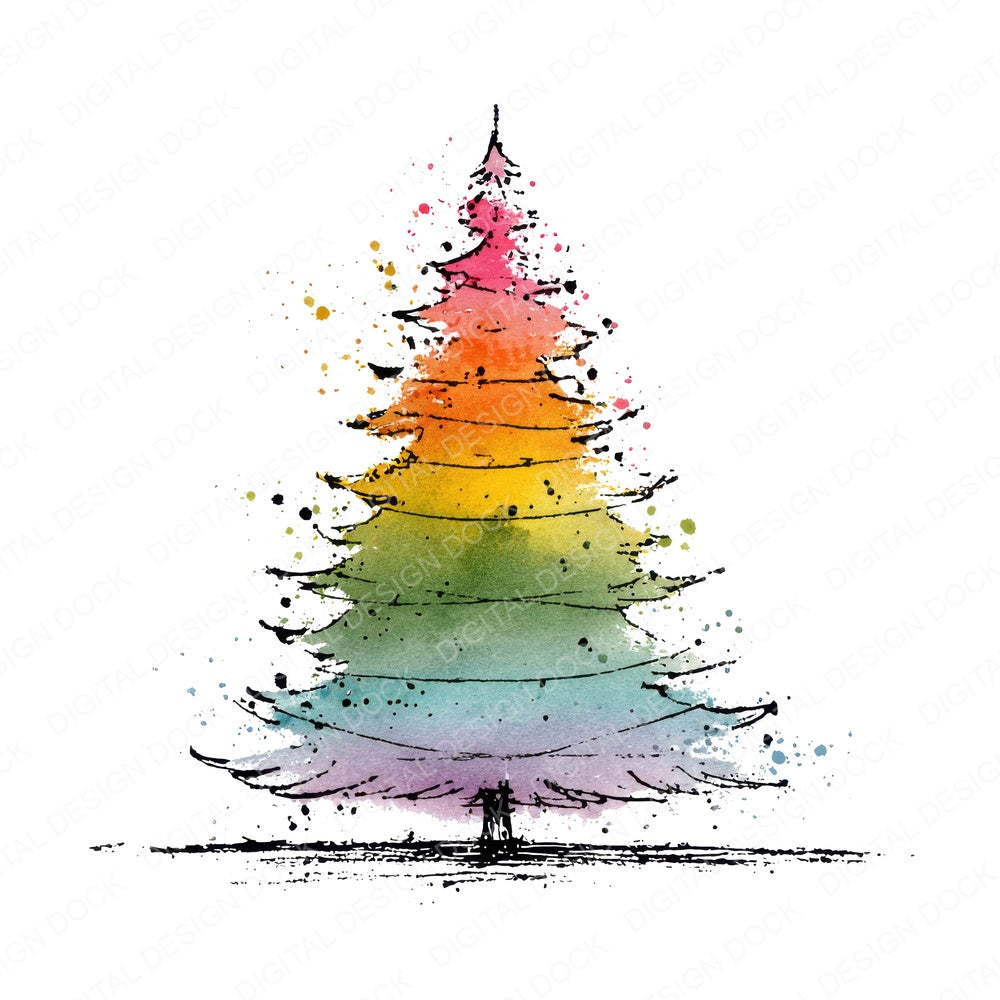 Hand Drawn Rainbow Christmas Tree fussy cut sheet in A4 format showing all 12 designs on one printable page