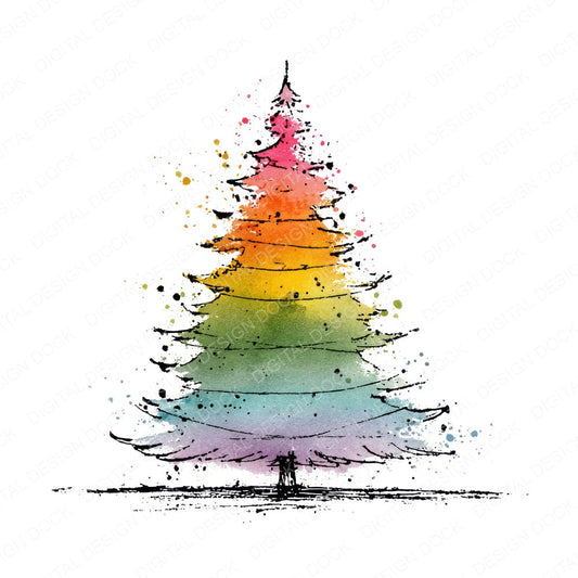 Hand Drawn Rainbow Christmas Tree fussy cut sheet in A4 format showing all 12 designs on one printable page